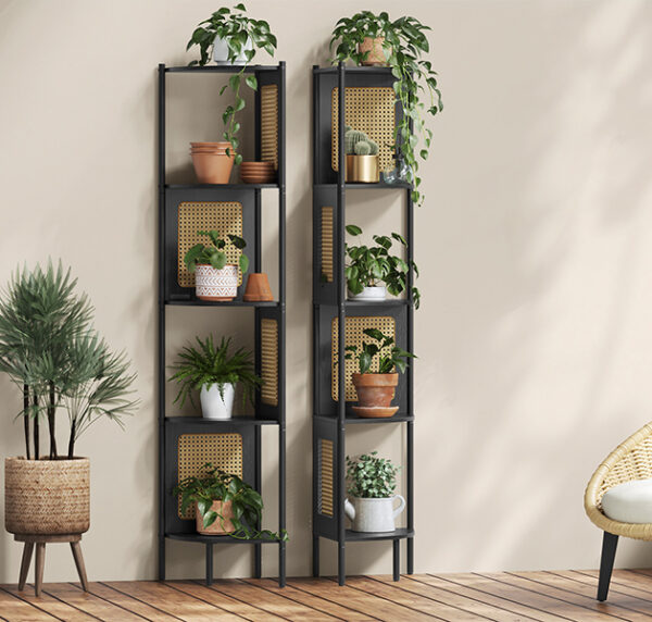 VASAGLE Boho sarokpolc, fém keret, MDF polcok és polyrattan panelek, 32x32x156cm, fekete - Image 9