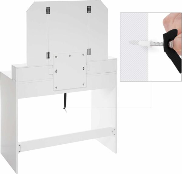 VASAGLE fésülködőasztal összecsukható tükörrel és 2 fiókkal, 3 nyitott polccal, 100x40x142cm, fehér - Image 11