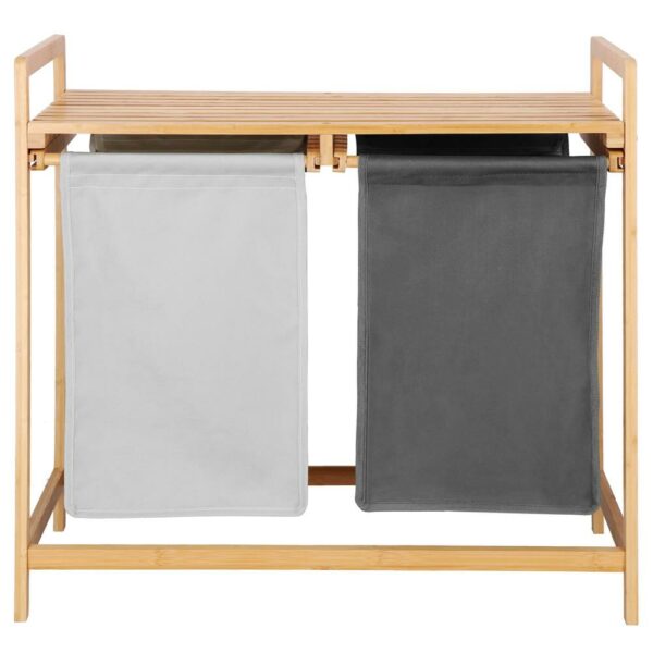 Bambusz szennyeskosár, 2 kivehető zacskóval, felső polccal, zacskónként 40L űrtartalom, 67x36x70cm, barna - Image 19