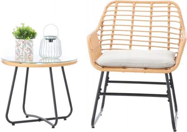 Set mobilier gradina din ratan, 2 scaune cu perne, 1 masa rotunda, maro natur - Image 2