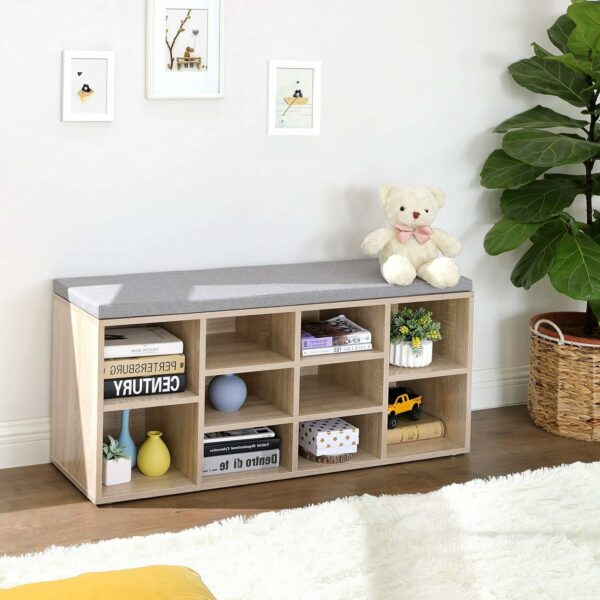 VASAGLE Banca pentru hol cu suport pentru pantofi, 10 compartimente, cu perna, 104x48x30cm, stejar - Image 2