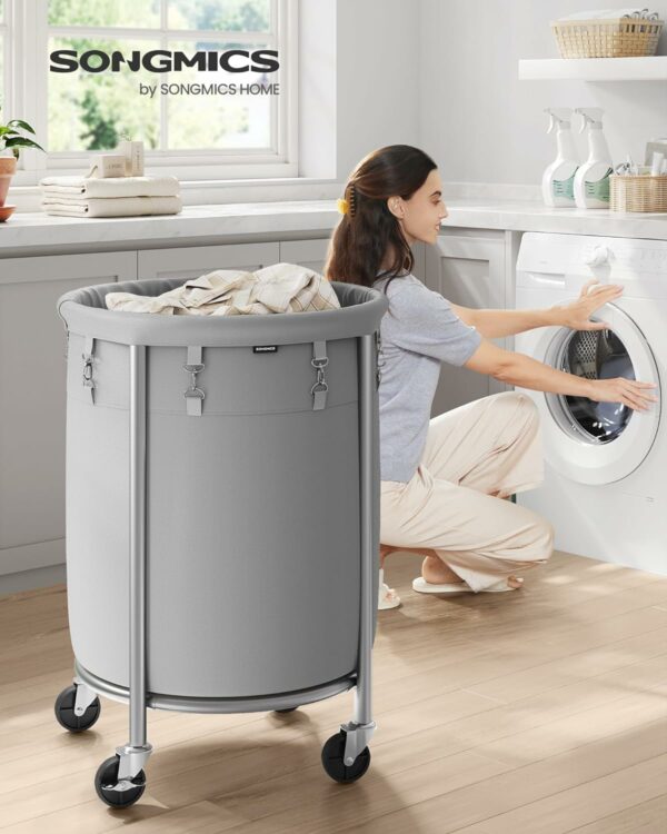 SONGMICS Cos de rufe rotund cu roti, cadru din otel, sac de rufe detasabil, 110 litri, gri - Image 2