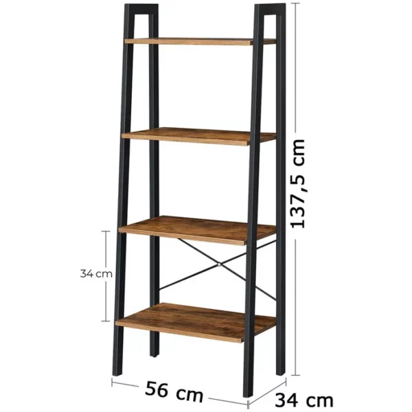 VASAGLE Létra típusú könyvespolc, acél váz 4 MDF polccal, ipari stílusú, 56x34x138cm, rusztikus barna - Image 2