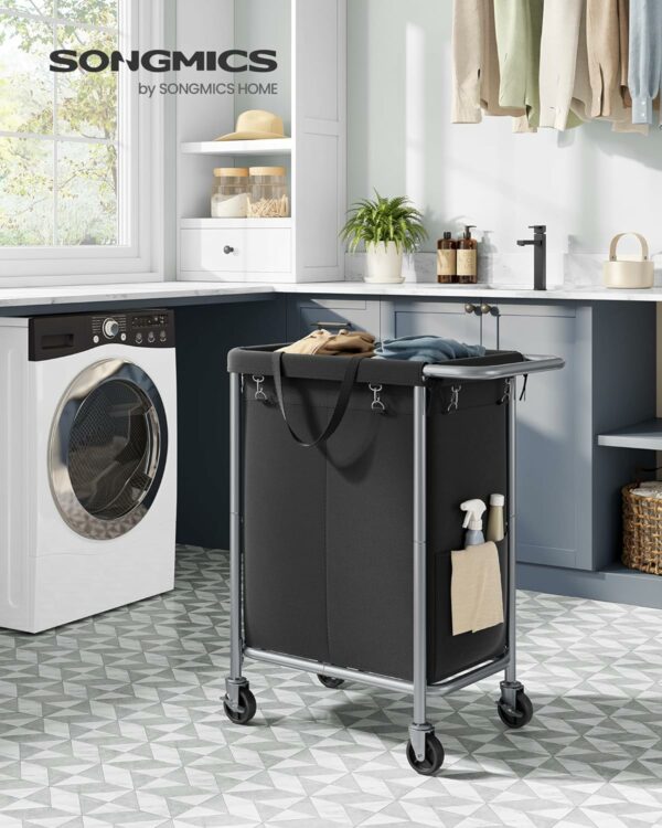 SONGMICS Cos de rufe cu roti, cadru din otel, sac detasabil cu 2 compartimente, 140 litri, 69x39x81cm, negru - Image 2