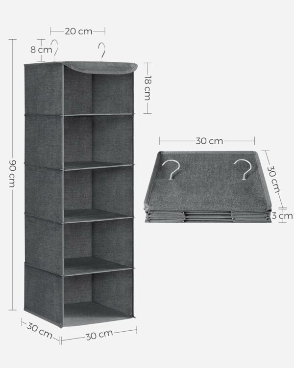SONGMICS Raft suspendat organizator pentru dulapuri, pliabil, textil, 30x30x90cm, gri - Image 2