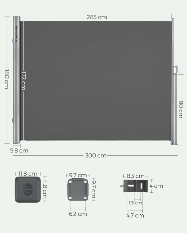 SONGMICS Paravan lateral pentru intimitate, extensibil, sistem fixare inclus, 180x300cm, gri - Image 5