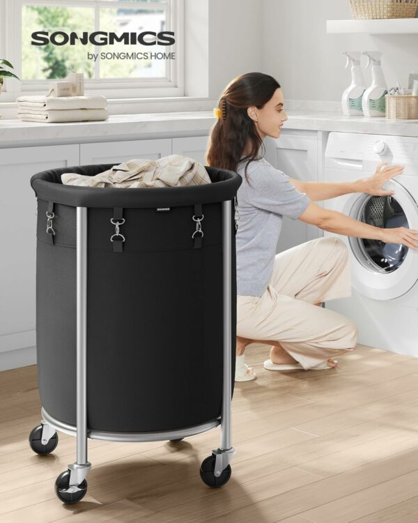 SONGMICS Cos de rufe rotund cu roti, cadru din otel, sac de rufe detasabil, 110 litri, negru - Image 2