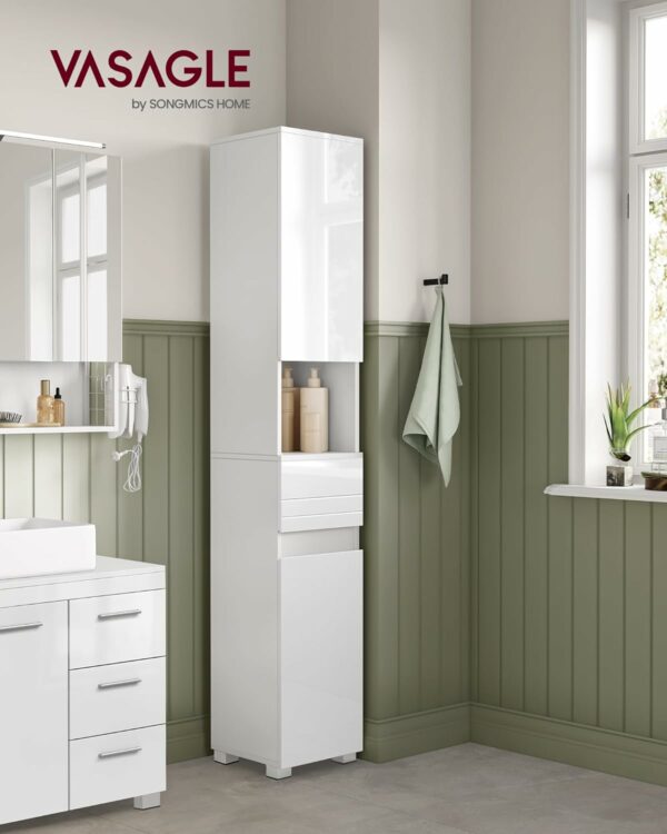VASAGLE Dulap de baie tip coloana, din MDF, cu sertar si 2 usi, 30x30x170cm, alb - Image 2