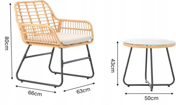 Set mobilier gradina din ratan, 2 scaune cu perne, 1 masa rotunda, maro natur - Image 3
