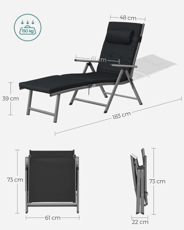 Újrazárva: SONGMICS Összecsukható heverő, vastag matraccal és fejtámlával, állítható háttámlával, maximum 150kg, 183x60x39cm, fekete - Image 6