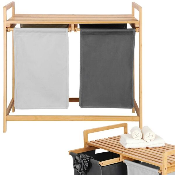 Bambusz szennyeskosár, 2 kivehető zacskóval, felső polccal, zacskónként 40L űrtartalom, 67x36x70cm, barna - Image 4