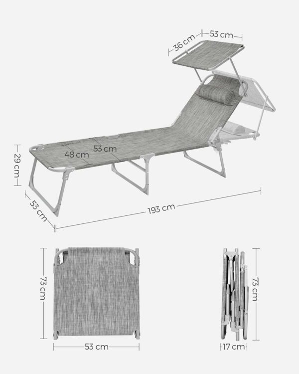 RESIGILAT: SONGMICS Sezlong pliabil, cu parasolar si tetiera, spatar reglabil in 4 pozitii, maxim 150kg, 193x53x29cm, gri deschis - Image 6