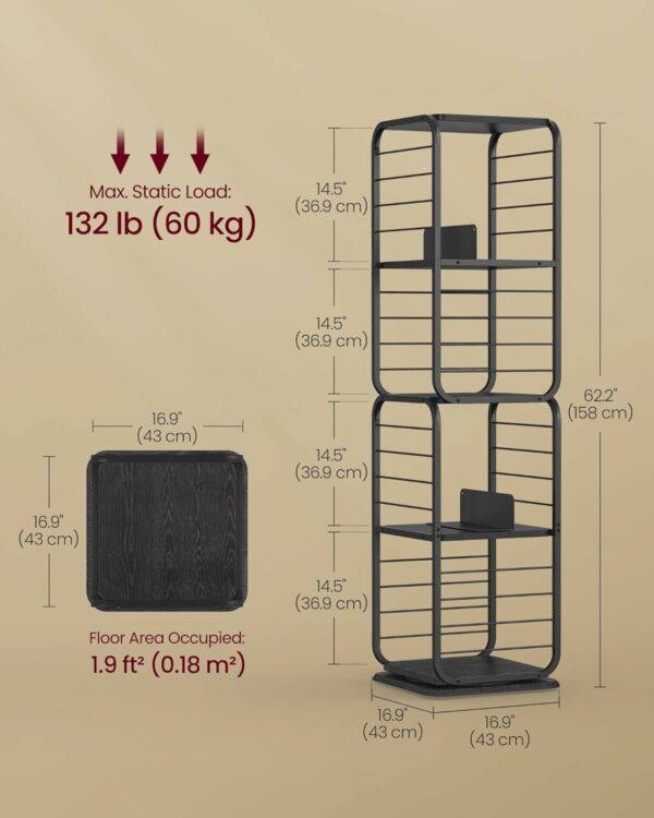 VASAGLE 360 fokban forgatható könyvespolc, fém keret, 5 db MDF polccal, 43x43x158cm, fekete - Image 3