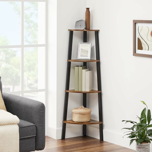 VASAGLE Raft de colt cu 4 etaje, tip biblioteca, cadru metal si polite lemn, industrial, 34x34x125cm, maro rustic - Image 3
