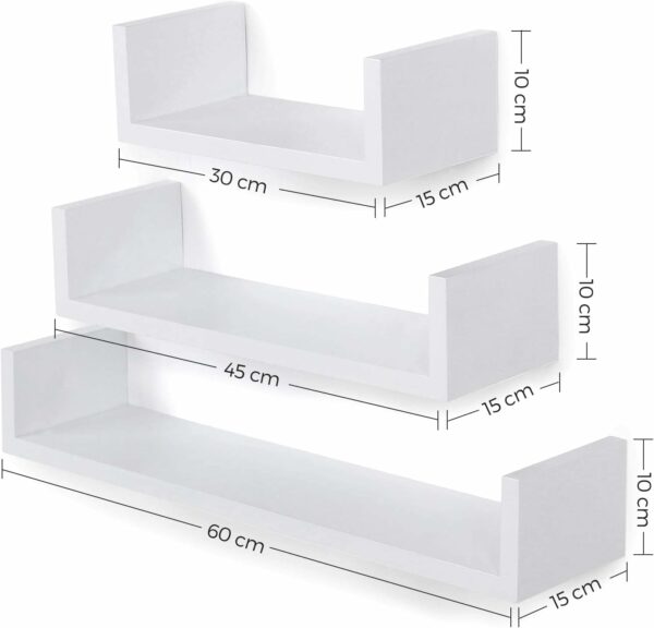 SONGMICS 3 db lebegő fali polc készlet, fényes MDF, 30/45/60 cm, fehér - Image 3