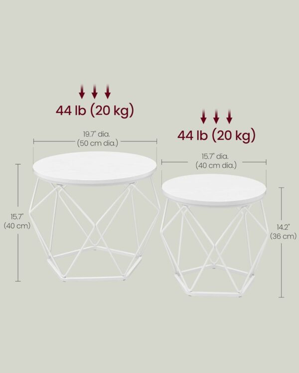 VASAGLE 2 db kerek dohányzóasztal készlet, acél vázzal és levehető tetővel, 40cm és 50cm, fehér - Image 3