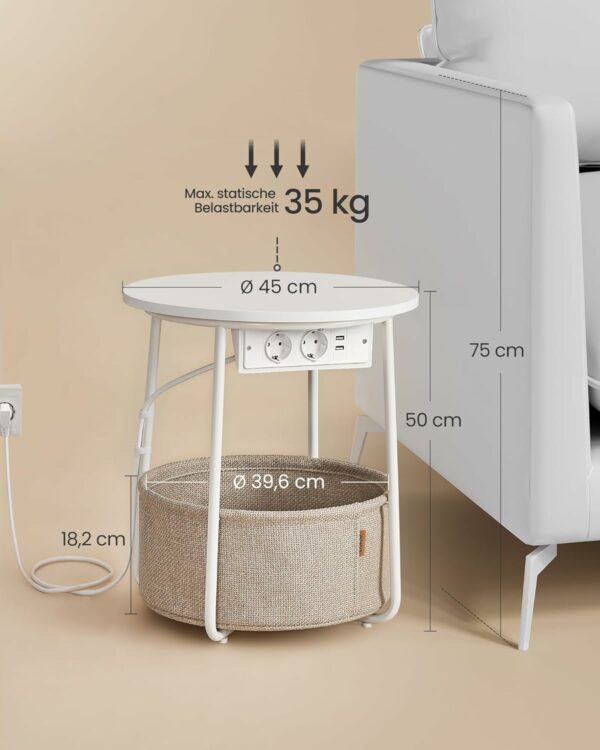 VASAGLE Kerek dohányzóasztal szövetkosárral, töltőállomással 2 aljzattal és 2 USB-vel, 45x50 cm, fehér - Image 3