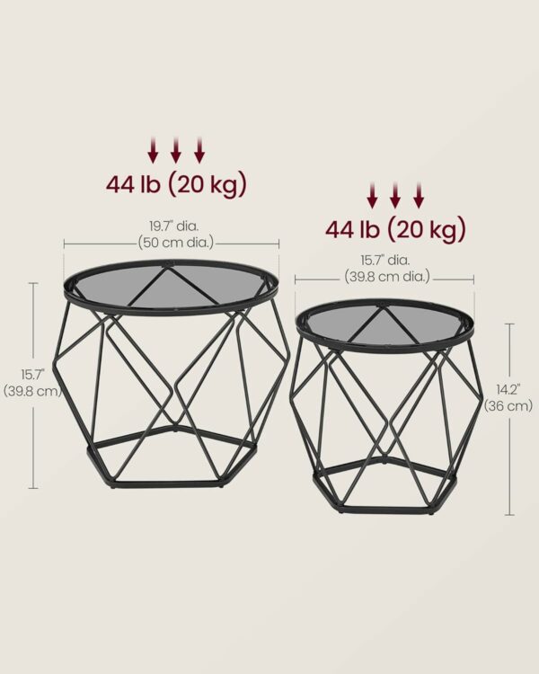 VASAGLE 2 db kerek dohányzóasztal készlet, acél vázzal és levehető üveglappal, 40cm és 50cm, fekete - Image 3