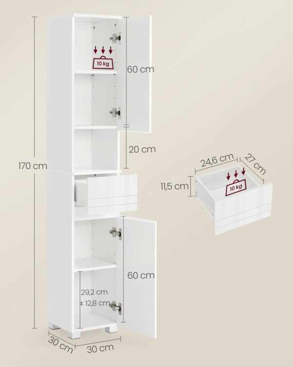 VASAGLE Dulap de baie tip coloana, din MDF, cu sertar si 2 usi, 30x30x170cm, alb - Image 3