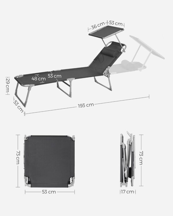 SONGMICS Sezlong pliabil, cu parasolar si tetiera, spatar reglabil in 4 pozitii, maxim 150kg, 193x53x29cm, gri - Image 3