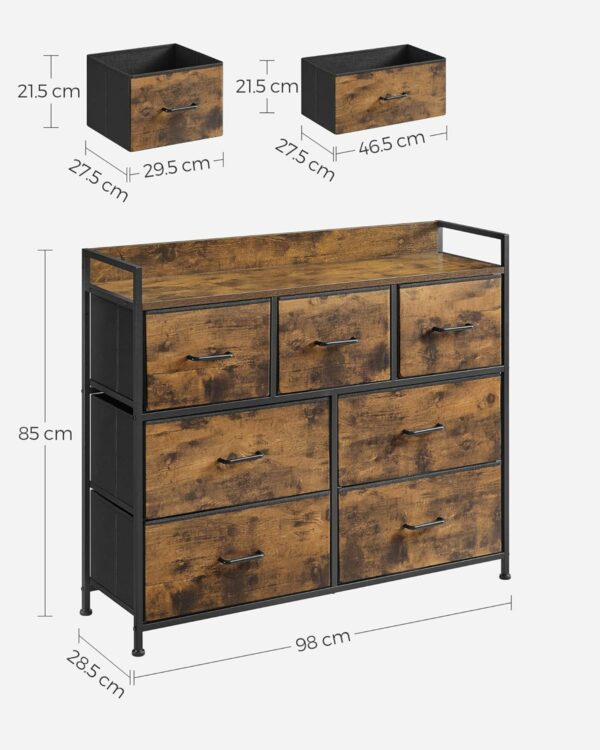 SONGMICS Komód fém kerettel és 7 textil fiókkal, ipari stílusú, 98x29x85cm, rusztikus barna és fekete - Image 3