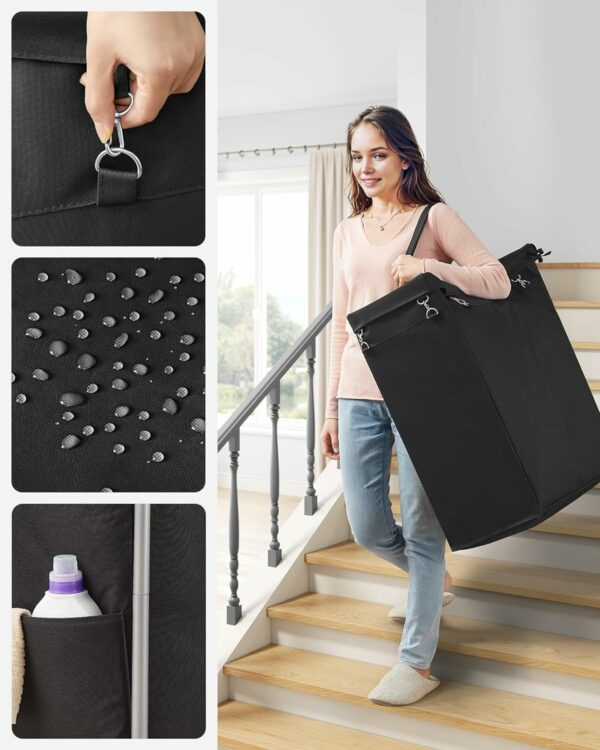 SONGMICS Cos de rufe cu roti, cadru din otel, sac detasabil cu 2 compartimente, 140 litri, 69x39x81cm, negru - Image 4