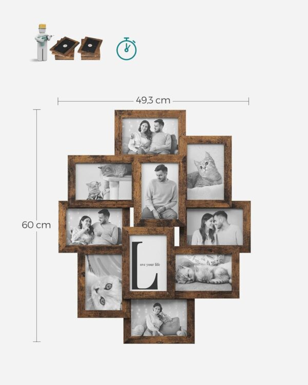 SONGMICS Rama foto de perete din MDF, colaj de 10 fotografii, 60x49cm, maro rustic - Image 4