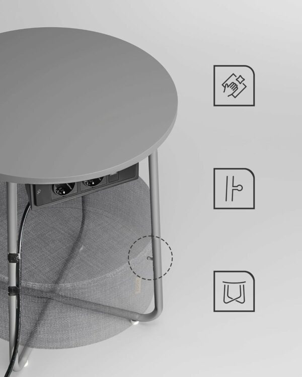 VASAGLE Kerek dohányzóasztal szövetkosárral, töltőállomással 2 aljzattal és 2 USB-vel, 45x50cm, ezüstszürke - Image 5