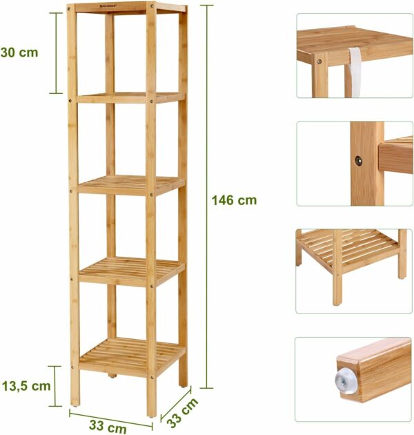 SONGMICS Bambusz tárolópolc, 5 polc, konyhába vagy fürdőszobába, 146x33x33cm, natúr barna - Image 6