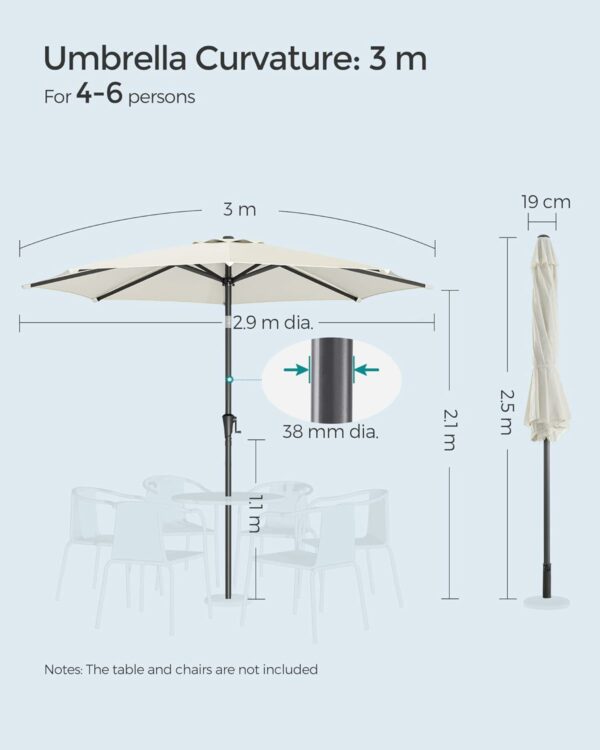 SONGMICS Kerti esernyő, nyitható fogantyúval, billenő rendszerrel, 300cm, bézs - Image 6