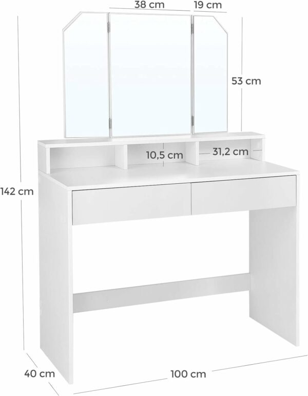 VASAGLE fésülködőasztal összecsukható tükörrel és 2 fiókkal, 3 nyitott polccal, 100x40x142cm, fehér - Image 6