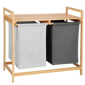 Bambusz szennyeskosár, 2 kivehető zacskóval, felső polccal, zacskónként 40L űrtartalom, 67x36x70cm, barna