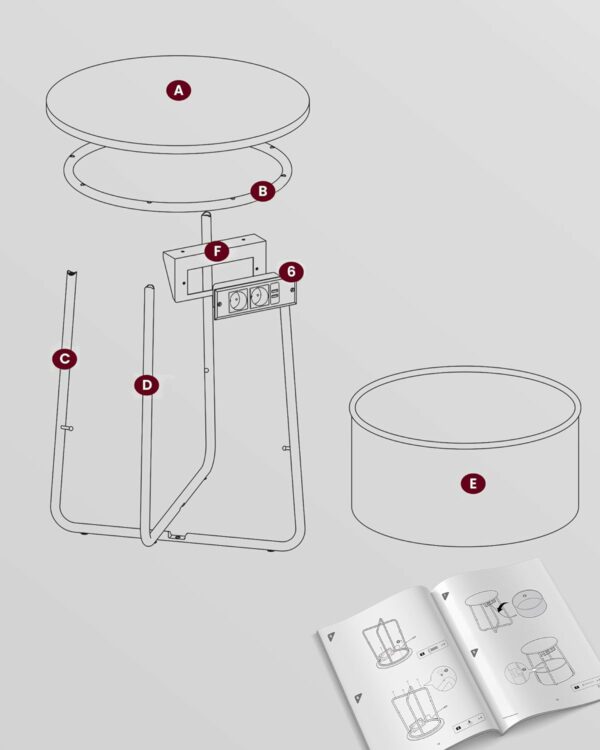 VASAGLE Kerek dohányzóasztal szövetkosárral, töltőállomással 2 aljzattal és 2 USB-vel, 45x50cm, ezüstszürke - Image 7