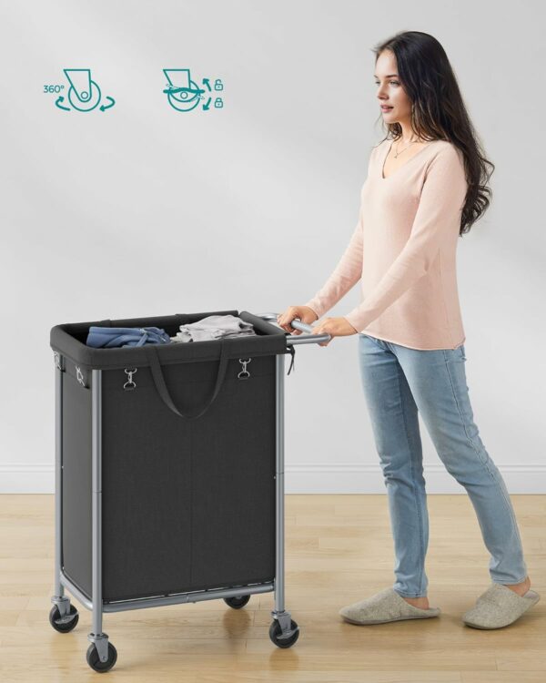 SONGMICS Cos de rufe cu roti, cadru din otel, sac detasabil cu 2 compartimente, 140 litri, 69x39x81cm, negru - Image 7