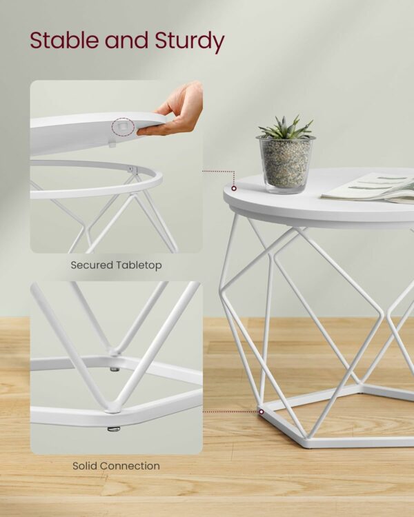 VASAGLE 2 db kerek dohányzóasztal készlet, acél vázzal és levehető tetővel, 40cm és 50cm, fehér - Image 7