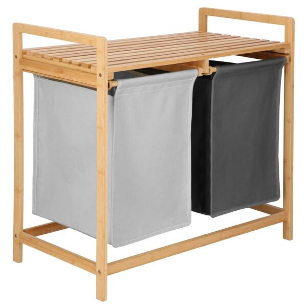 Bambusz szennyeskosár, 2 kivehető zacskóval, felső polccal, zacskónként 40L űrtartalom, 67x36x70cm, barna - Image 8