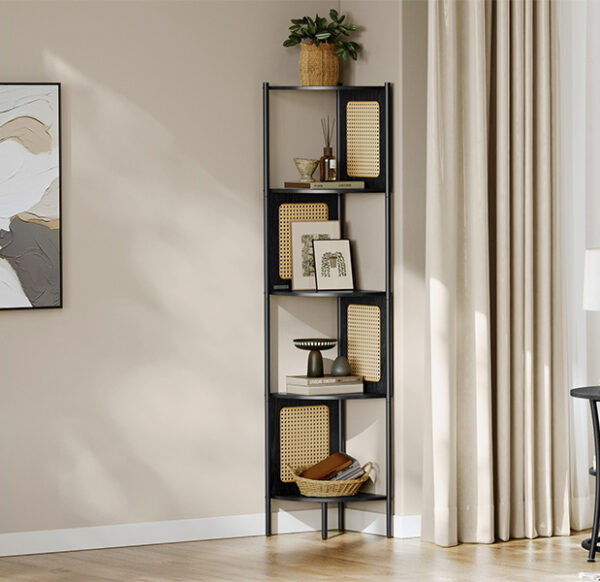 VASAGLE Boho sarokpolc, fém keret, MDF polcok és polyrattan panelek, 32x32x156cm, fekete - Image 7