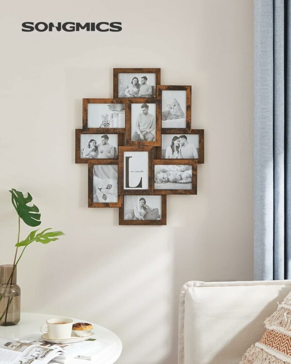 SONGMICS Rama foto de perete din MDF, colaj de 10 fotografii, 60x49cm, maro rustic - Image 8