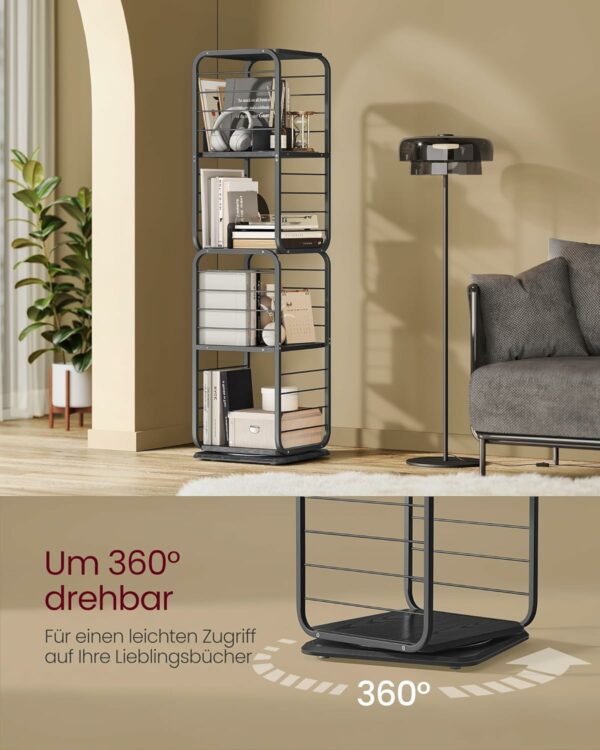 VASAGLE 360 fokban forgatható könyvespolc, fém keret, 5 db MDF polccal, 43x43x158cm, fekete - Image 9