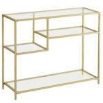 VASAGLE Előszobaasztal, aszimmetrikus polcokkal, edzett üveglappal, fém kerettel, 35x100x80cm, arany