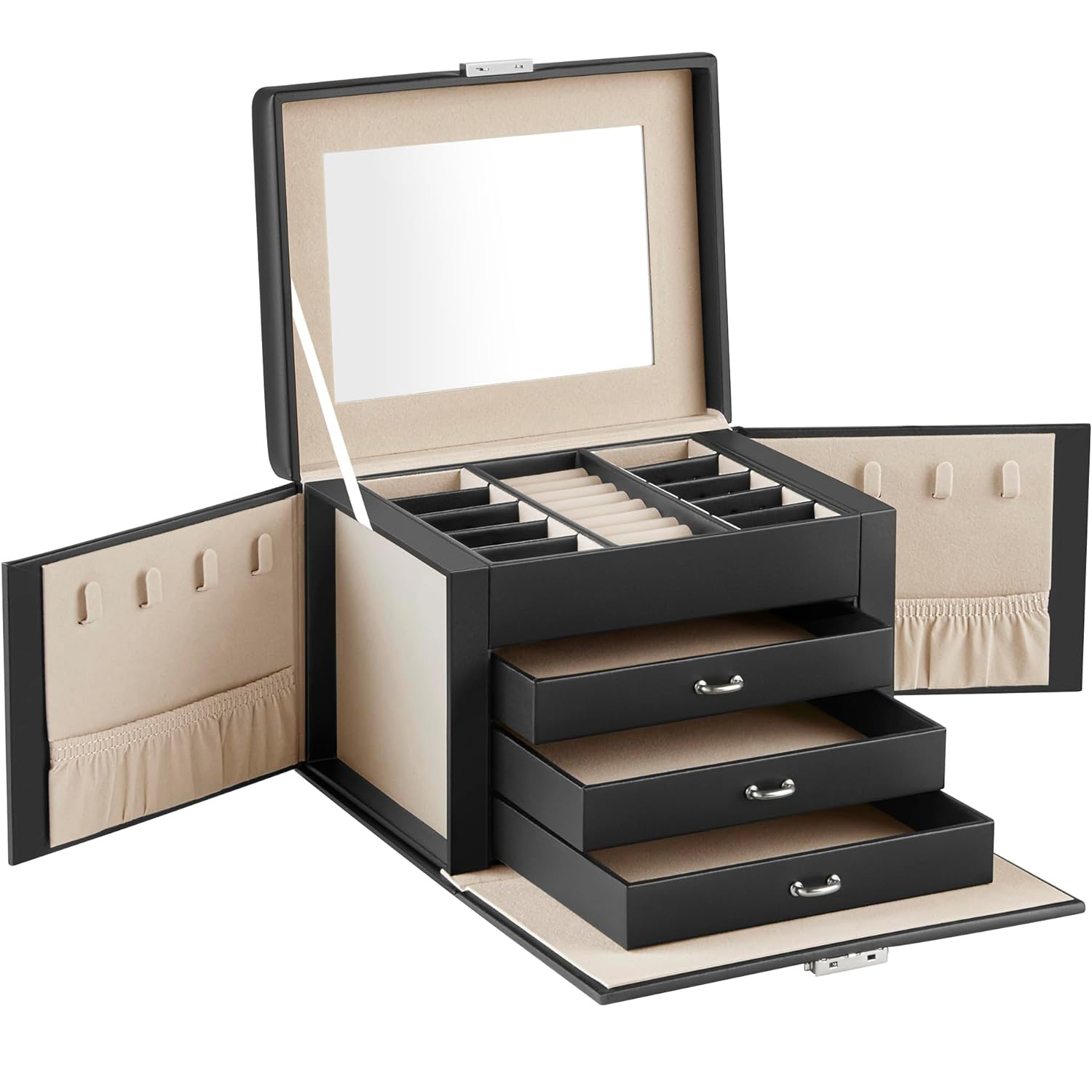 SONGMICS Ékszerdoboz 4 szinttel, 3 fiókkal, tükörrel és zárral, 18x23x17cm, fekete