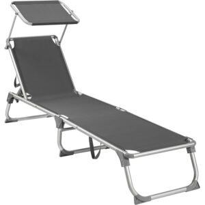 SONGMICS Sezlong pliabil, cu parasolar, spatar reglabil in 4 pozitii, maxim 150kg, 193x55x31cm, gri