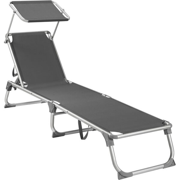 SONGMICS Sezlong pliabil, cu parasolar, spatar reglabil in 4 pozitii, maxim 150kg, 193x55x31cm, gri
