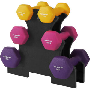 SONGMICS 6 db hatszögletű súlyzó készlet tartással, 2x1kg 2x1,5kg 2x2 kg, többszínű