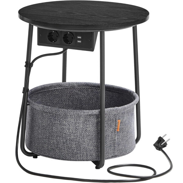 VASAGLE Kerek dohányzóasztal szövetkosárral, töltőállomással 2 aljzattal és 2 USB-vel, 45x50cm, fekete
