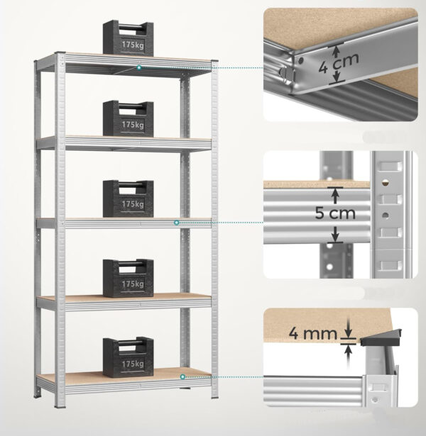 SONGMICS 2 db-os tárolópolc készlet, erősített acél váz, MDF polcok, max 2x875kg, 180x90x40cm, szürke - Image 4