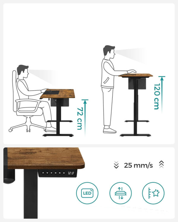 SONGMICS Íróasztal elektromos magasságállítással, memória 4 magassággal, 60x140x(72-120)cm, rusztikus barna - Image 10