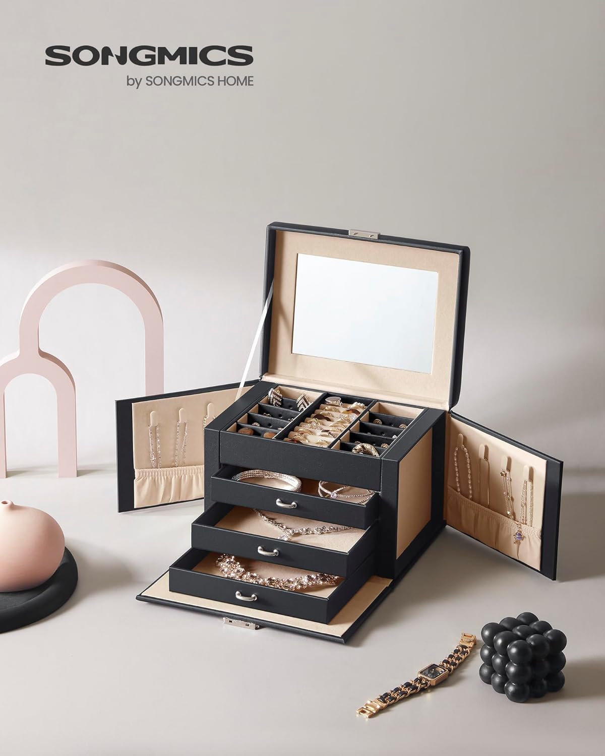 SONGMICS Ékszerdoboz 4 szinttel, 3 fiókkal, tükörrel és zárral, 18x23x17cm, fekete - Image 8