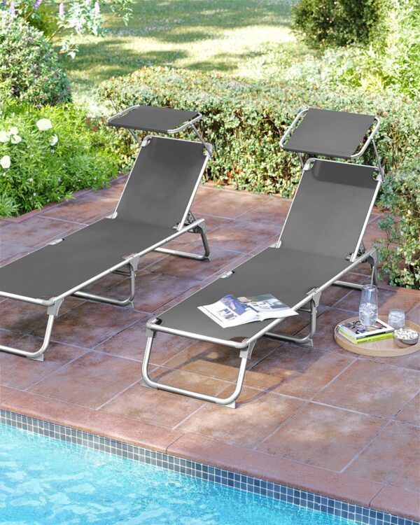 SONGMICS Sezlong pliabil, cu parasolar, spatar reglabil in 4 pozitii, maxim 150kg, 193x55x31cm, gri - Image 2
