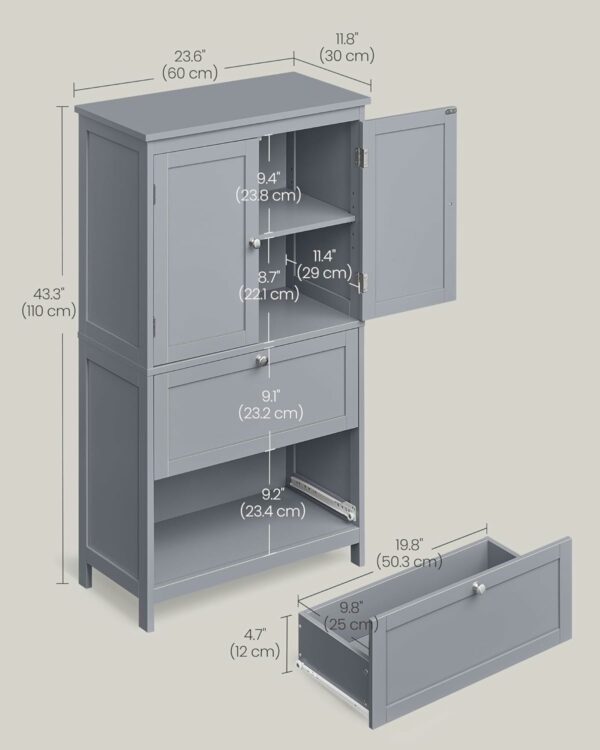 VASAGLE Fürdőszoba szekrény MDF-ből, 2 fiókkal és 2 ajtóval, állítható polccal, 30x60x110cm, szürke - Image 3